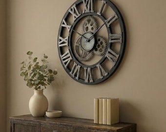 Grote industriële wandklok, rustieke klok met Romeinse cijfers, vintage boerderijdecor