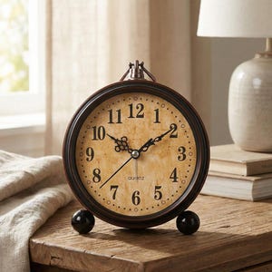 Op de afbeelding: Een ronde klok in vintage-stijl met een bruin metalen frame en een crèmekleurige wijzerplaat. De klok heeft zwarte cijfers, wijzers en het woord "QUARTZ". Het heeft twee zwarte bolpoten en een klein handvat. De klok staat op een houten oppervlak.