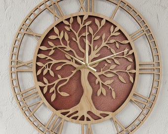 Houten wandklok levensboom | Stille boerderijdecoratie | Lasergesneden cadeau