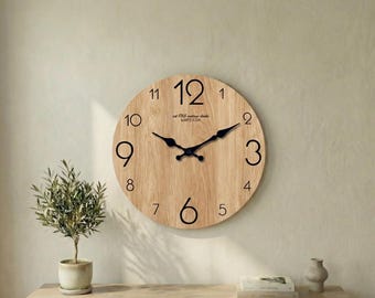 Natuurlijke eikenhouten wandklok, stil minimalistisch wanddecor, grote moderne houten klok voor woonkamer, housewarmingcadeau, neutraal interieur