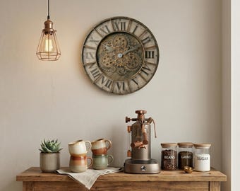 Wandklok Moving Gears – Industrieel steampunk woondecoratie met Romeinse cijfers en stille kwarts
