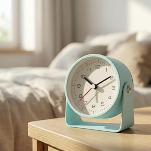 May include: A light blue analog alarm clock with a white face, black hands, and red second hand. The clock sits on a wooden surface. The clock is approximately 4 inches tall.