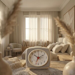 May include: A square, retro-style alarm clock with a cream-colored face and gray frame sits on a wooden table. The clock has black numbers, black hands, and a red second hand. The time is approximately 10:10. The background includes a bedroom setting.