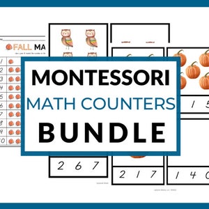 Op de afbeelding: Een printbare Montessori-wiskunde-telbundel met een herfstthema. De bundel bevat werkbladen met afbeeldingen van pompoenen en uilen, en een nummertabel met pompoenen. De tekst "FALL MA" en "MONTESSORI MATH COUNTERS BUNDLE" is op de pagina opgenomen.