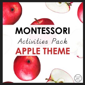 以下が含まれることがあります： 赤いリンゴと黒い文字で「MONTESSORI Activities Pack APPLE THEME」と書かれた白い背景。右下に黒い文字で「Carrots are Orange」と書かれている。