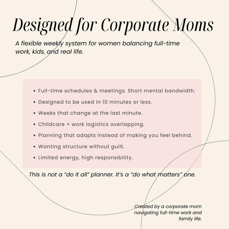 May include: A graphic with the text "Designed for Corporate Moms" and bullet points about a flexible weekly system. The text highlights features like quick use, adapting to change, and managing full-time work, kids, and real life. The design is in soft pink and beige.