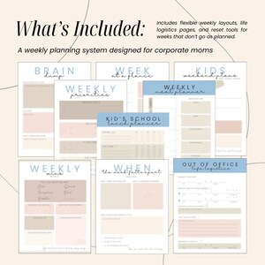 May include: A weekly planning system designed for corporate moms. The image shows various planner pages with titles like "Brain Dump," "Weekly Priorities," and "Weekly Meal Planner." The pages have a neutral color palette with text that reads "What's Included."