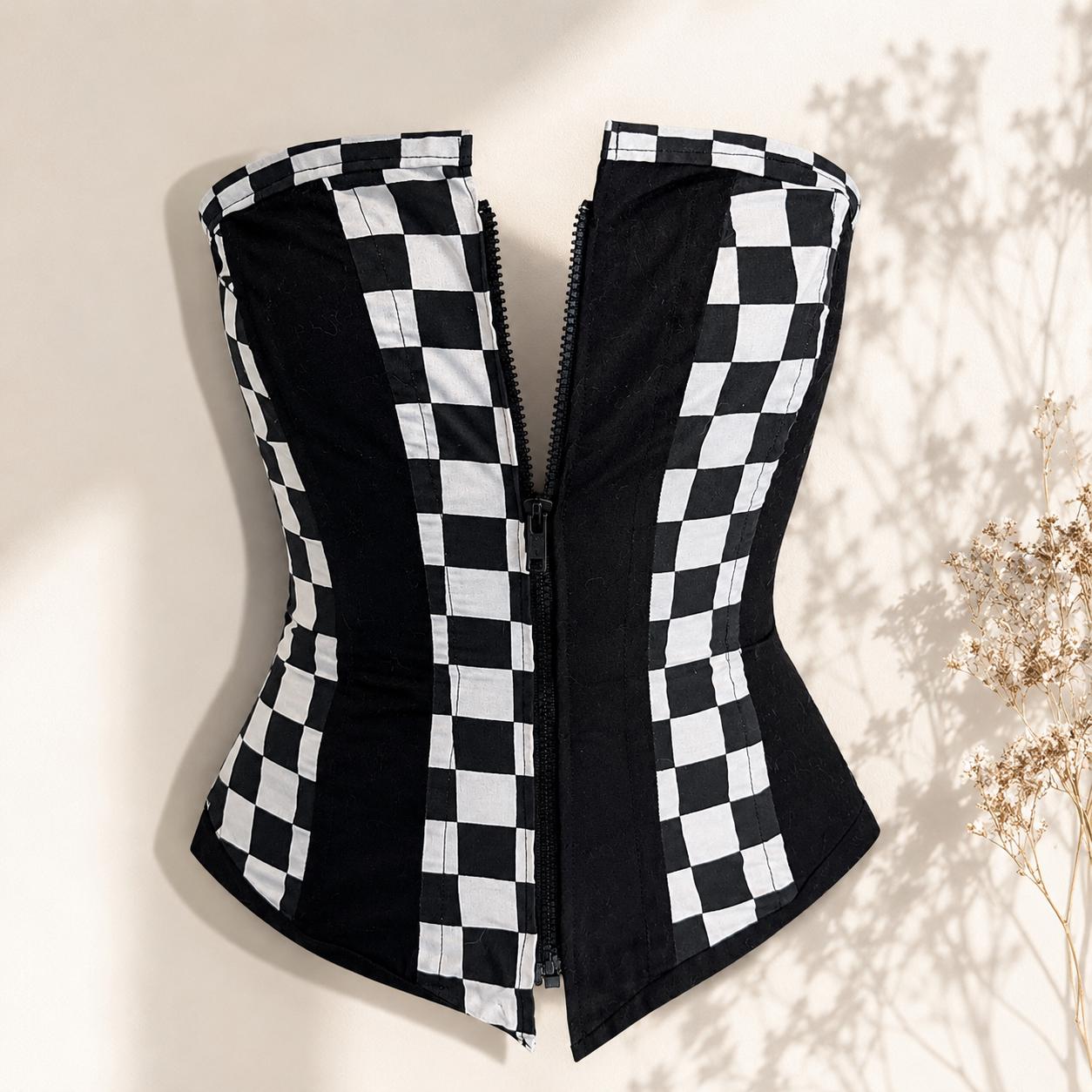 Handmade Black & White Checker Corset w/ Front Zip, Boning Lace-Up Back Circa 2005