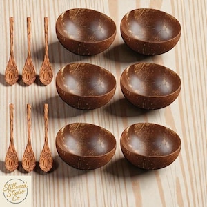 May include: A set of six brown coconut bowls and six wooden spoons arranged on a light wood surface. The bowls are oval-shaped and the spoons have textured handles. The logo "Stillwood Studio Co" is visible in the lower left corner.