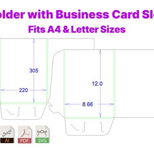 May include: A white folder design with a business card slot, labeled "Folder with Business Card Slot Fits A4 & Letter Sizes." Dimensions are shown in inches and millimeters. Includes AI, PDF, and SVG file type icons.