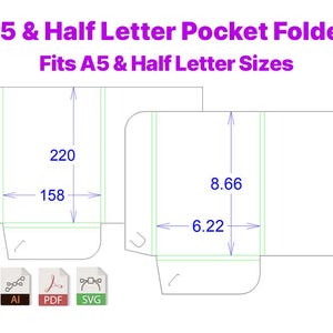 May include: A diagram of a pocket folder design, labeled "A5 & Half Letter Pocket Folder". Dimensions are shown in inches and millimeters. Includes AI, PDF, and SVG file type icons.