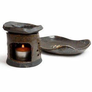 Brûleur à mazout en céramique fait main et plateau décoratif - chauffe-cire de bougie