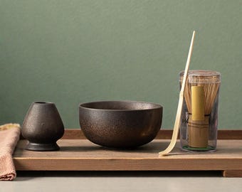 Handmade Wabi Sabi Matcha Tea Set, Ceramic Bowl with Whisk Holder