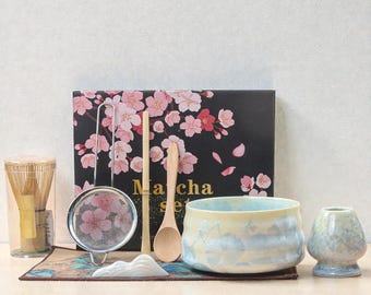 Japanese Matcha Tea Ceremony Set, Crystal Glaze Ginkgo Bowl, Bamboo Whisk Kit