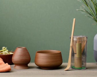 Rustic Ceramic Matcha Tea Set, Bamboo Whisk, Japanese Ceremony Kit