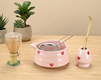 Pink Heart Ceramic Matcha Tea Set with Spouted Bowl, Whisk, Holder (4-Piece Set)