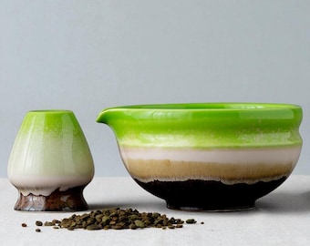 Artisan Matcha Tea Set, Glazed Ceramic Bowl with Spout, Wabi Sabi Gift