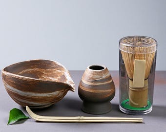 Ceramic Matcha Set, Rustic Stoneware Sailboat Bowl, Tea Ceremony Kit