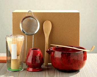 Matcha Tea Ceremony Kit, Glazed Ceramic Chawan Bowl Set, Gift Box