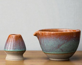 Japanese Matcha Bowl & Whisk Holder Set, Rustic Ceramic Chawan with Spout, Wabi Sabi Pottery Gift for Tea Lovers, Mindful Ritual