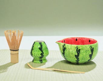 Hand-Painted Watermelon Matcha Tea Set, Ceramic Bowl with Spout