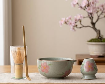 Hand Painted Floral Matcha Tea Set: Ceramic Bowl, Whisk, Holder – Crackle Glaze Pottery