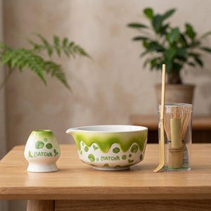 May include: A ceramic matcha bowl and whisk holder featuring a white base with a green drip glaze pattern and green polka dots. The word MATCHA is printed on both pieces. A bamboo whisk and a bamboo scoop are stored in a clear cylindrical container.