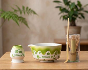 Ceramic Matcha Tea Set: Drip Glaze Pottery Bowl, Bamboo Whisk, Holder – Mint Green