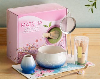Ombre Matcha Tea Set, Japanese Ceremony Kit, Ceramic Bowl, Bamboo Whisk, Mindful Self Care