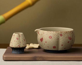 Rustic Matcha Tea Set, Hand-Painted Ceramic Chawan with Spout, Wabi Sabi Style