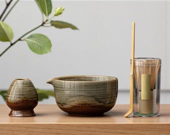 Wabi Sabi Matcha Tea Set, Rustic Ceramic Bowl & Bamboo Whisk