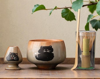 Cat Matcha Tea Set, Rustic Shino Chawan Bowl, Whisk Kit, Gift for Cat Lovers