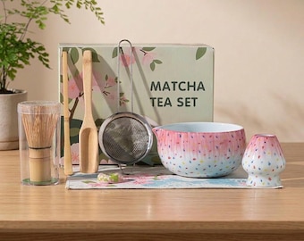 Ceramic Matcha Tea Set: 8-Piece Kit with Bamboo Whisk, Spouted Bowl, Speckled Pottery