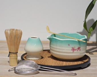 Cherry Blossom Matcha Tea Set, Floral Bowl, Whisk, Japanese Tea Ceremony Kit