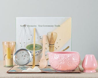 Floral Matcha Tea Set, Japanese Ceremony Kit, Ceramic Bowl, Cherry Blossom Wellness Gift
