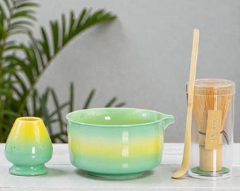 Japanese Matcha Tea Set, Gradient Ombre Ceramic Bowl, Bamboo Whisk Kit