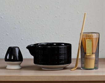 Rustic Matcha Tea Set with Tray, Japanese Ceramic Crackle Glaze Bowl & Whisk Kit, Mindful Self Care Gift for Tea Lovers