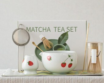 Strawberry Matcha Tea Set, Ceramic Bowl, Whisk, Japanese Ceremony Kit