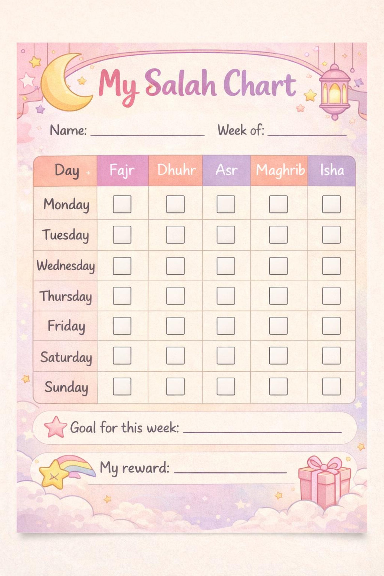 Kids Prayer Tracker Printable | Salah Chart With Reward Stars | Islamic ...