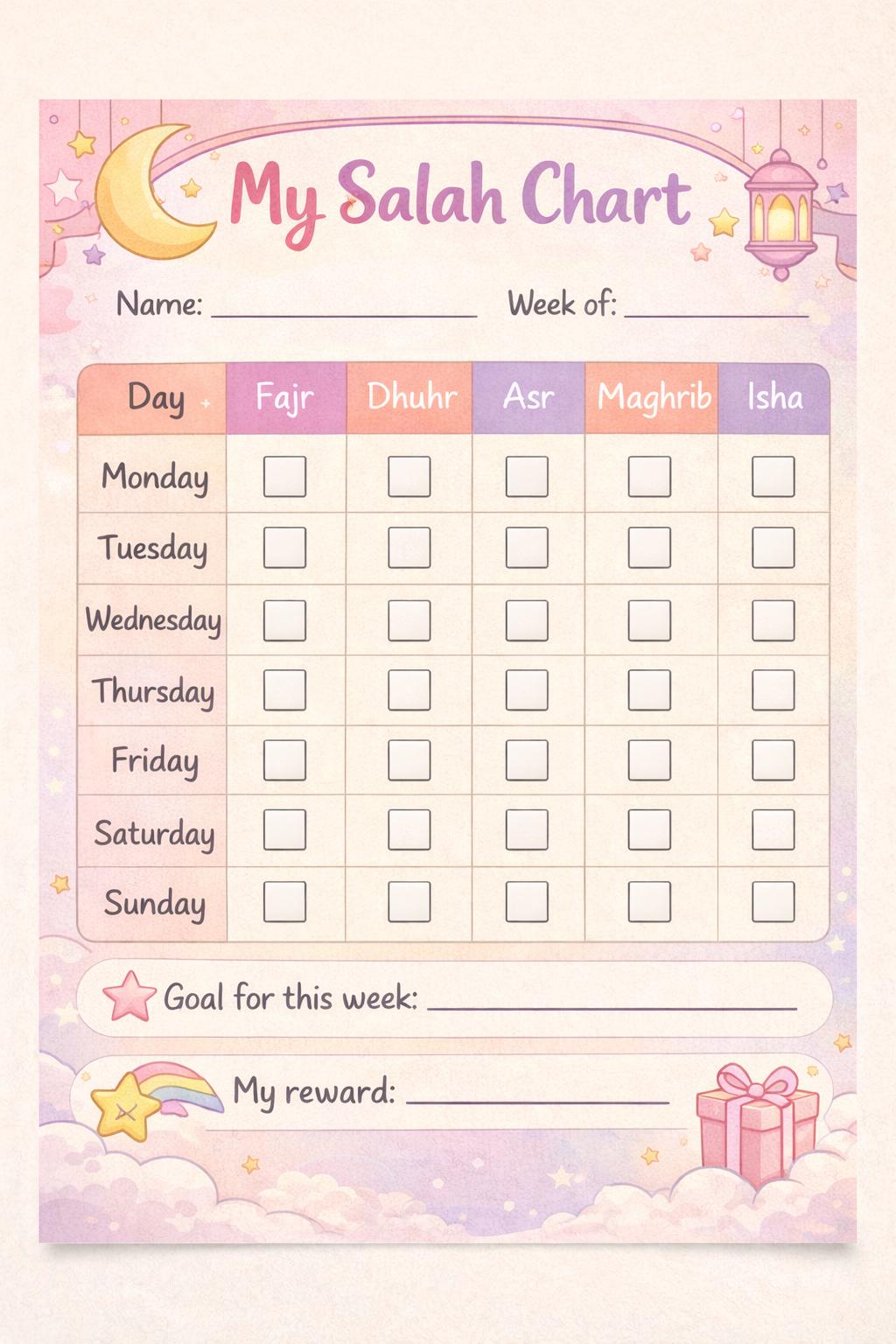 Kids Prayer Tracker Printable | Salah Chart With Reward Stars | Islamic ...