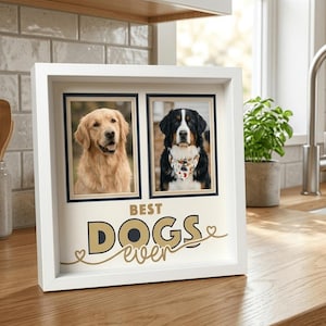 Può includere: Una cornice bianca con due ritratti di cani. Il testo "BEST DOGS ever" è in oro e nero. Un cane è dorato, l'altro è bianco e nero con una bandana.
