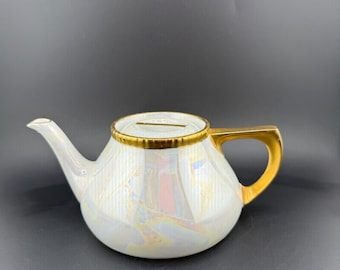 Antique R&S Tillowitz Silesia Lusterware Teapot | Gold Trim German Porcelain Tea Pot