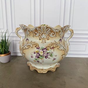 Antique Columbian Art China Jardinière Cache Pot Planter – Floral Gold Gilt Vase