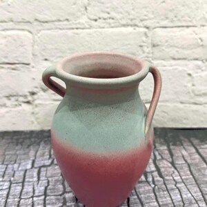 Antique 1930s Niloak Style Double Handled Pottery Vase 6” | Matte Pink Green Shelf Decor