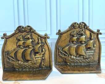 Antique 1920s Cast Iron Elizabethan Galleon Ship Set of Bookends - Gold Bronze Nautical Decor