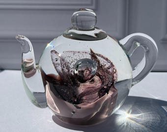 Dynasty Gallery Vintage Art Glass Teapot Paperweight, Hand Blown Purple Rose Heirloom Gift