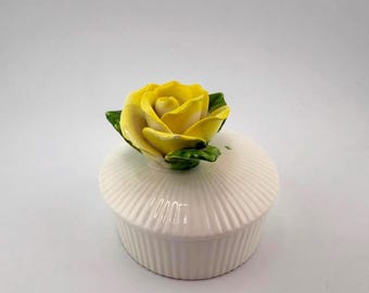Vintage FF Japan Rose Trinket Box Yellow Porcelain Floral Jewelry Box