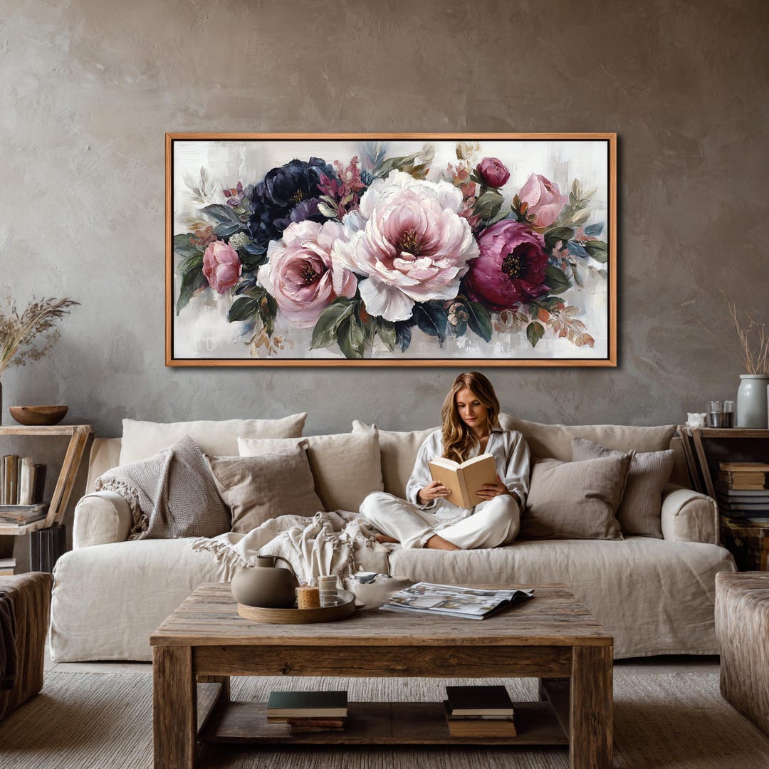 Moody Peony Canvas Wall Art – Blush Pink Burgundy Floral Painting Print ...