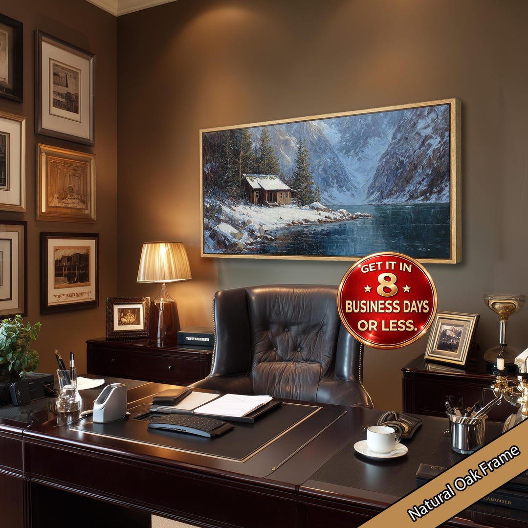 Winter Mountain Cabin Canvas Wall Art – Snowy Lake Landscape Painting ...
