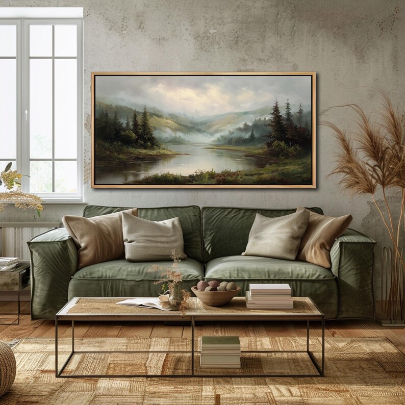 Misty Mountain River Landscape Canvas Print – Serene Forest Valley Wall ...